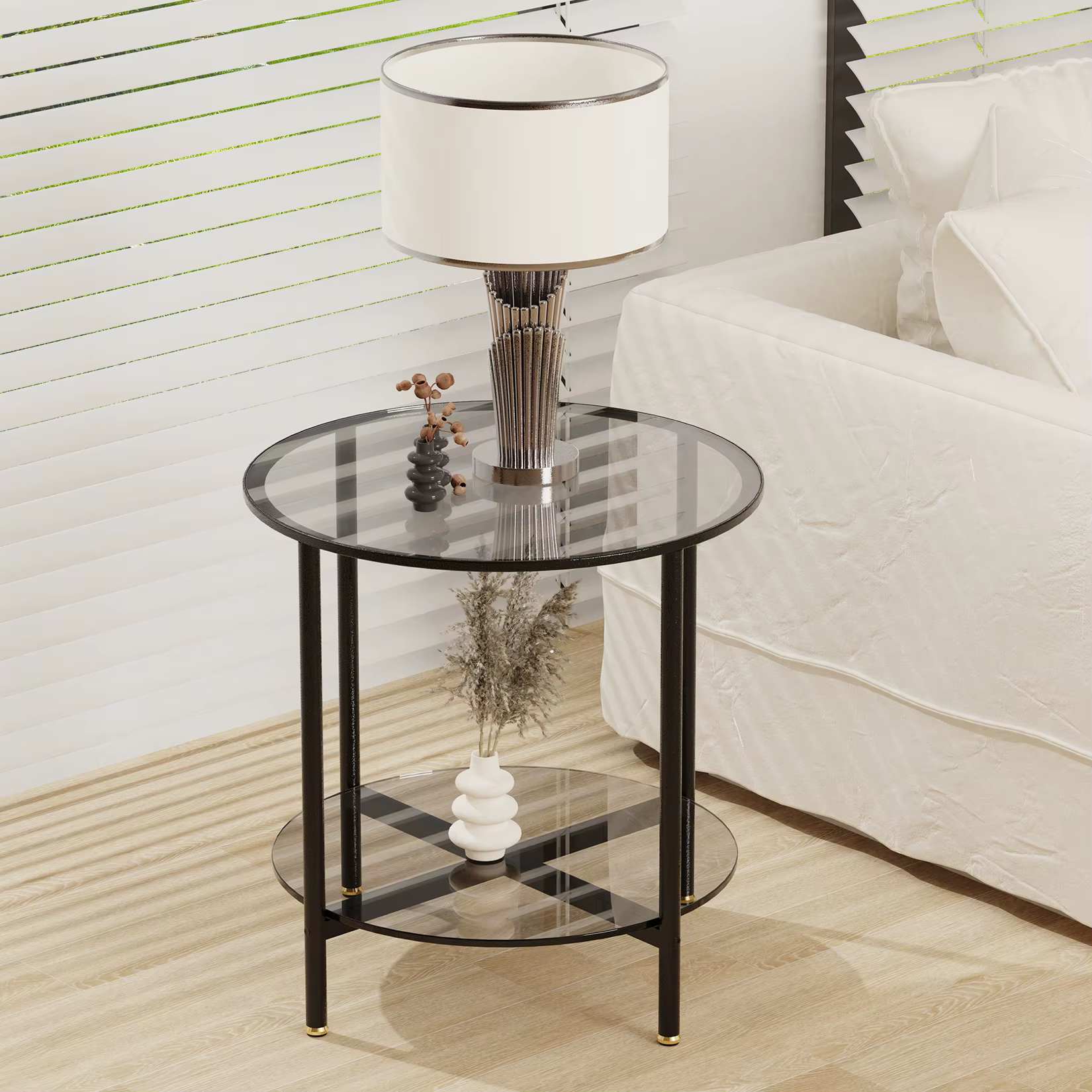 20” Round Coffee Table with Storage 2-Tier, Accent Table,Cocktail Table with Tempered Glass Top