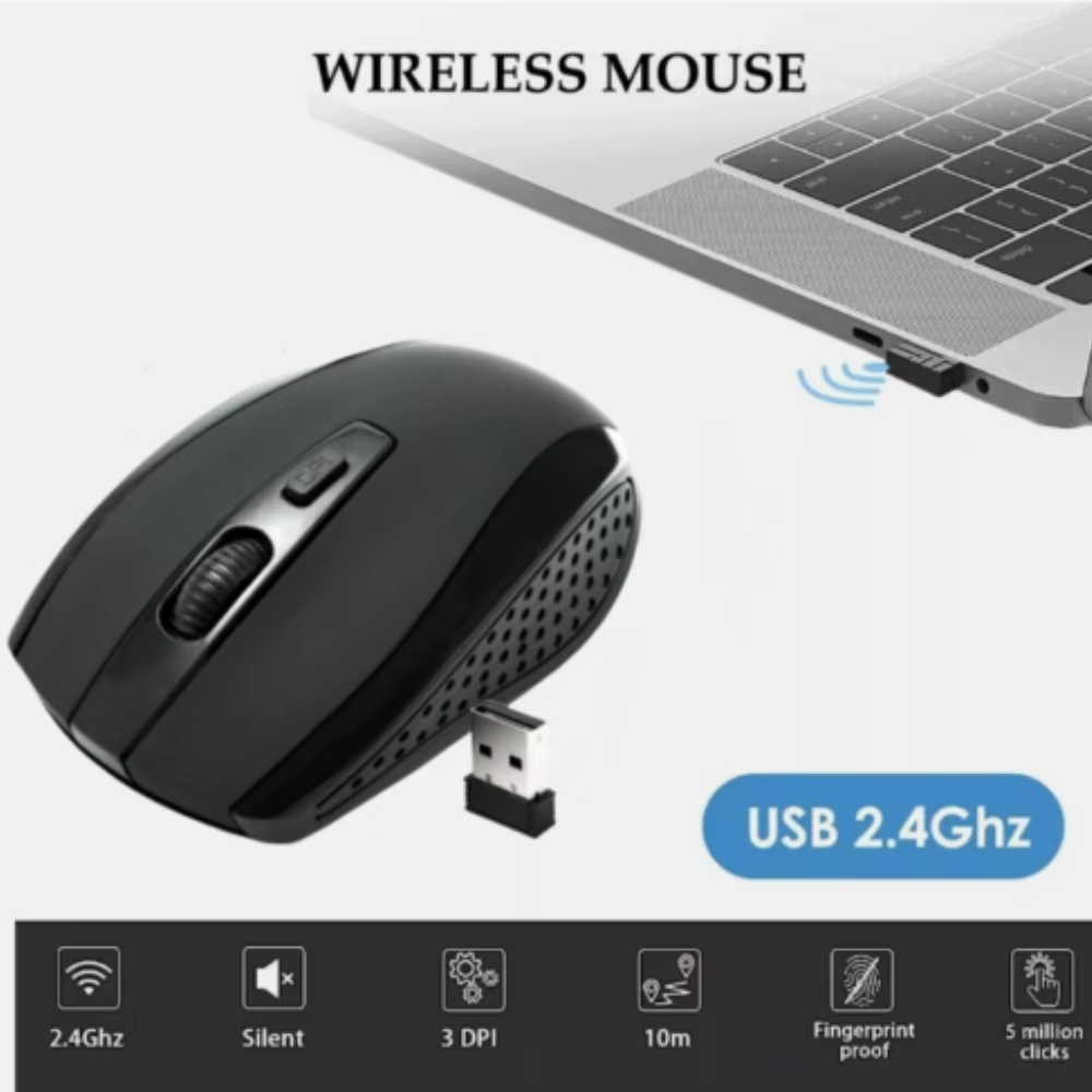 2.4GHz BLACK WIRELESS USB MOUSE SCROLL  CORDLESS OPTICAL FOR MAC PC LAPTOP UK