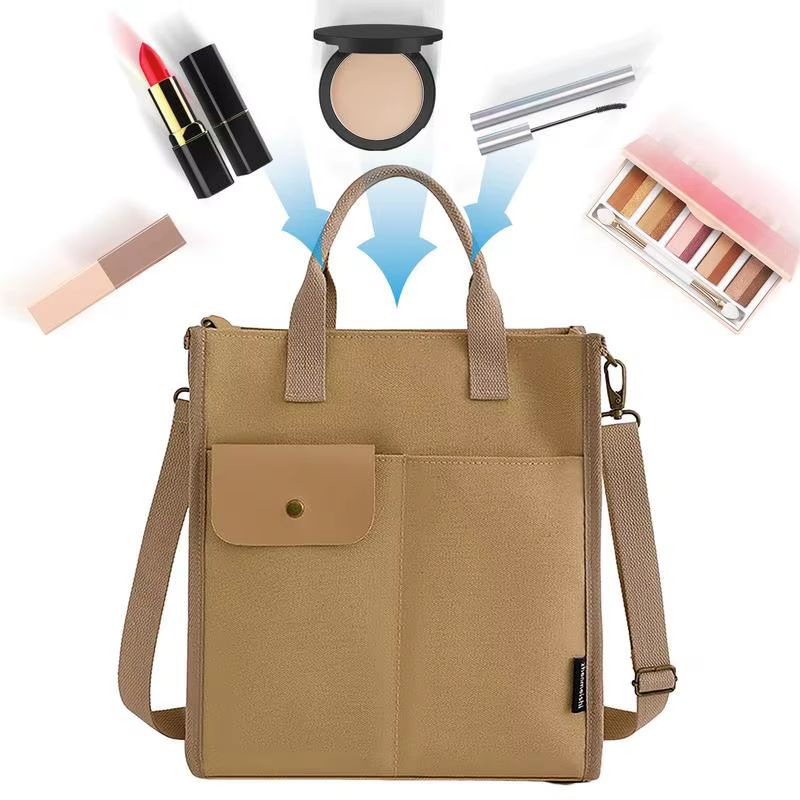 Multi Pocket Tote Bag Womens Large-Capacity Canvas Handbags Multi-Pocket With Zipper Fashion Tote Shoulder Crossbody Bag For