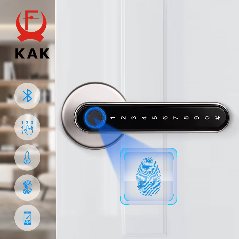 KAK Biometric Fingerprint Smart Door Lock Password Electronic Digital Lock Keyless Anti-theft Entry Door Handle Lock for Bedroom