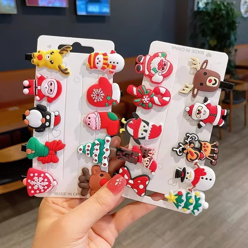 10PCS/Set Cute Christmas Hair Clips for Girls Colorful Cartoon pins Kids Barrettes Santa Claus  Accessories Headwear