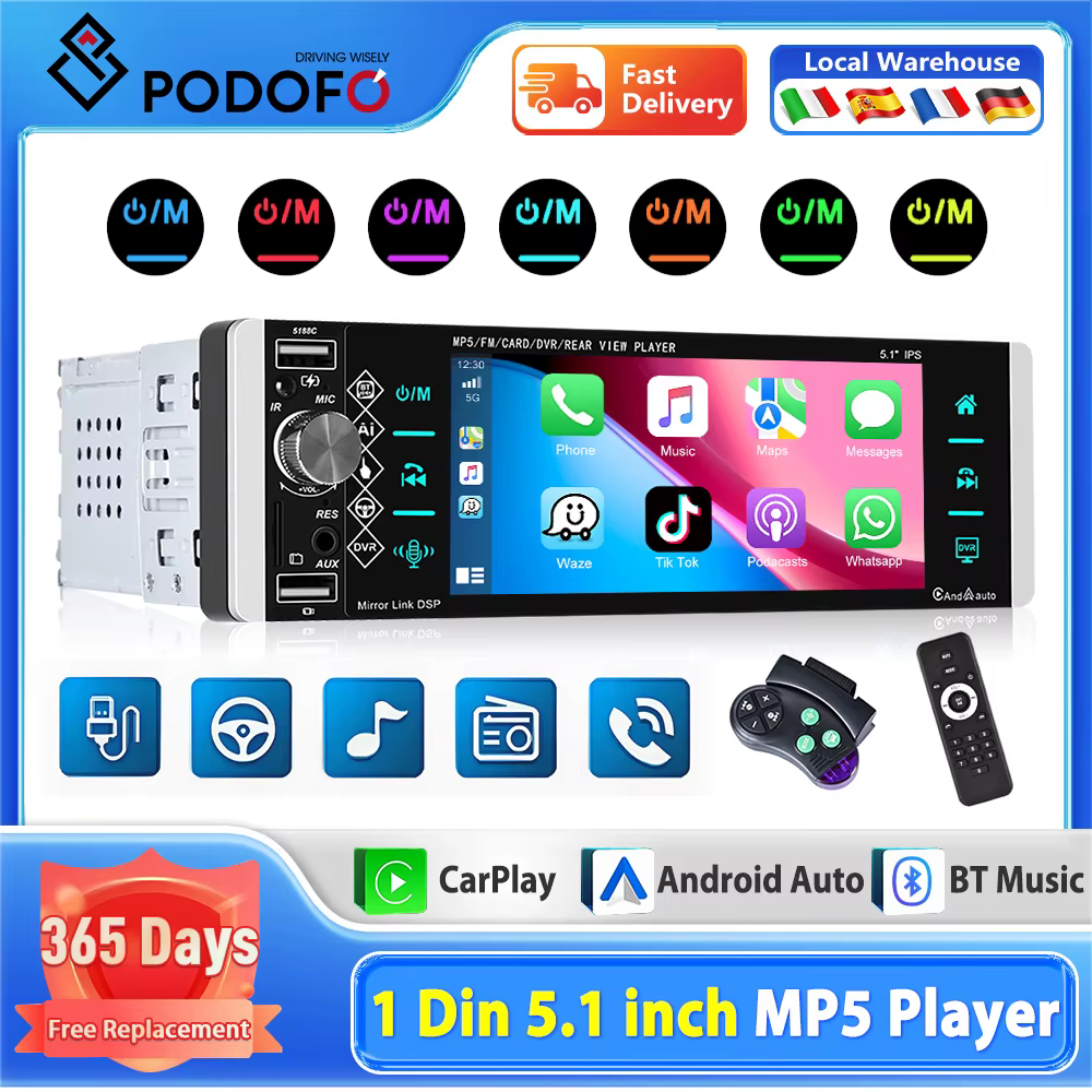 Podofo 5.1'' Car MP5 Radio Video Player Support Wired Carplay Mirror Link AUX USB SD DVR with Music Movie Player voice assistant