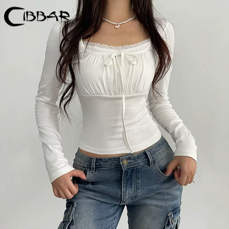 CIBBAR Bandage Folds Square Collar Crop Top Women Fairycore y2k White T Shirts Basic Knitted Elegant Tees Vintage 2000s Clothing