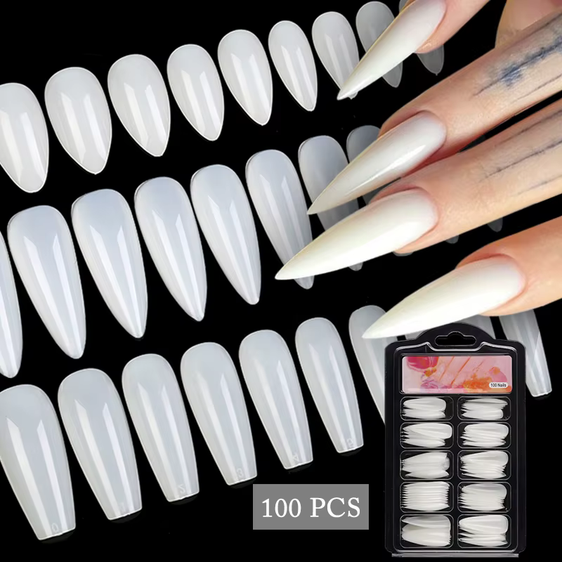 100pcs/box Long Fake Nails Clear Natural White Extension Coffin False Nails Art Full Cover Designs Ultra Flexible Fake Nail Tips