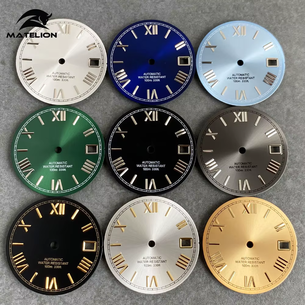 MATELION 29mm Steel Roman Numerals Black Blue Gold Silver Sunburst Watch Dial fit NH35 NH36 Automatic Diver Men Watches Part