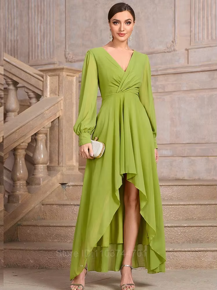 Sexy Evening Dress Women Long Dress Vestidos Green Full Sleeve V-neck Casual Chiffon Dresses Muslim Solid Loose Maxi Dresses