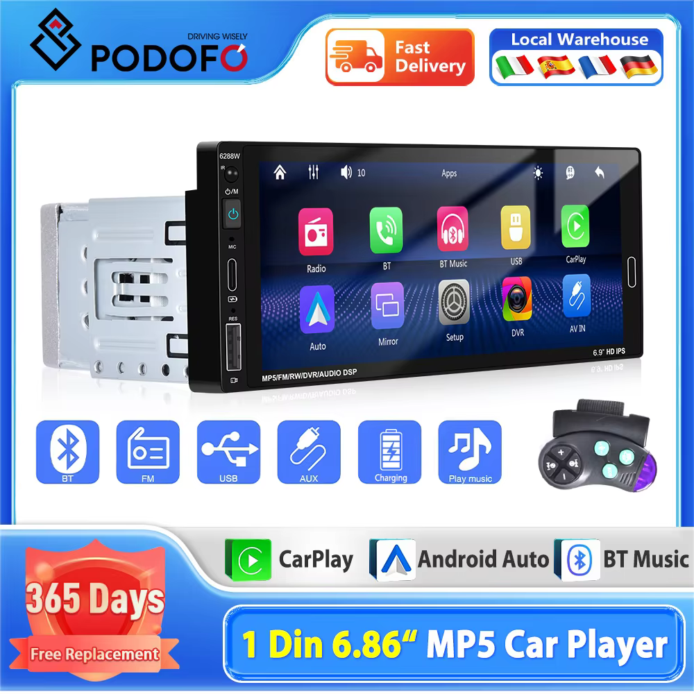 Podofo 6.86" HD Touch Screen D-Play Universal Car MP5 Player with FM Radio Support TF/USB Mirror Link With Wireless Carplay/auto