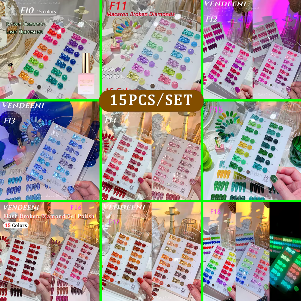 Vendeeni 15 Colors/set Colourful Crystal Gel Nail Polish Soak Off UV LED Reflective Luminous Crushed Diamonds Gel Varnish