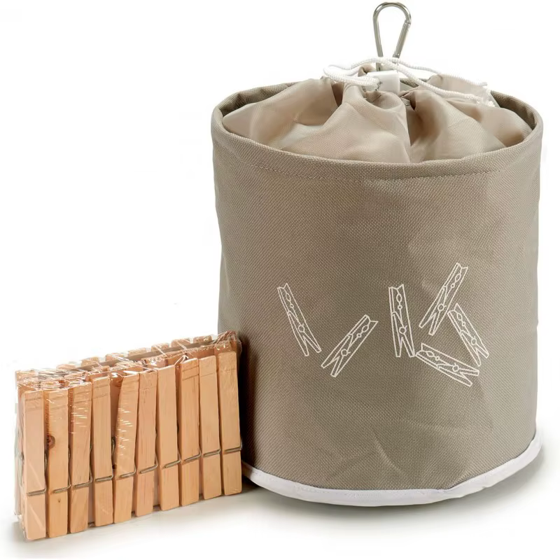EURASIA shop-Set of clothes clamps bag and 20 wooden clothes clamps, with carabiner for hanging, approx Ø 18x18cm