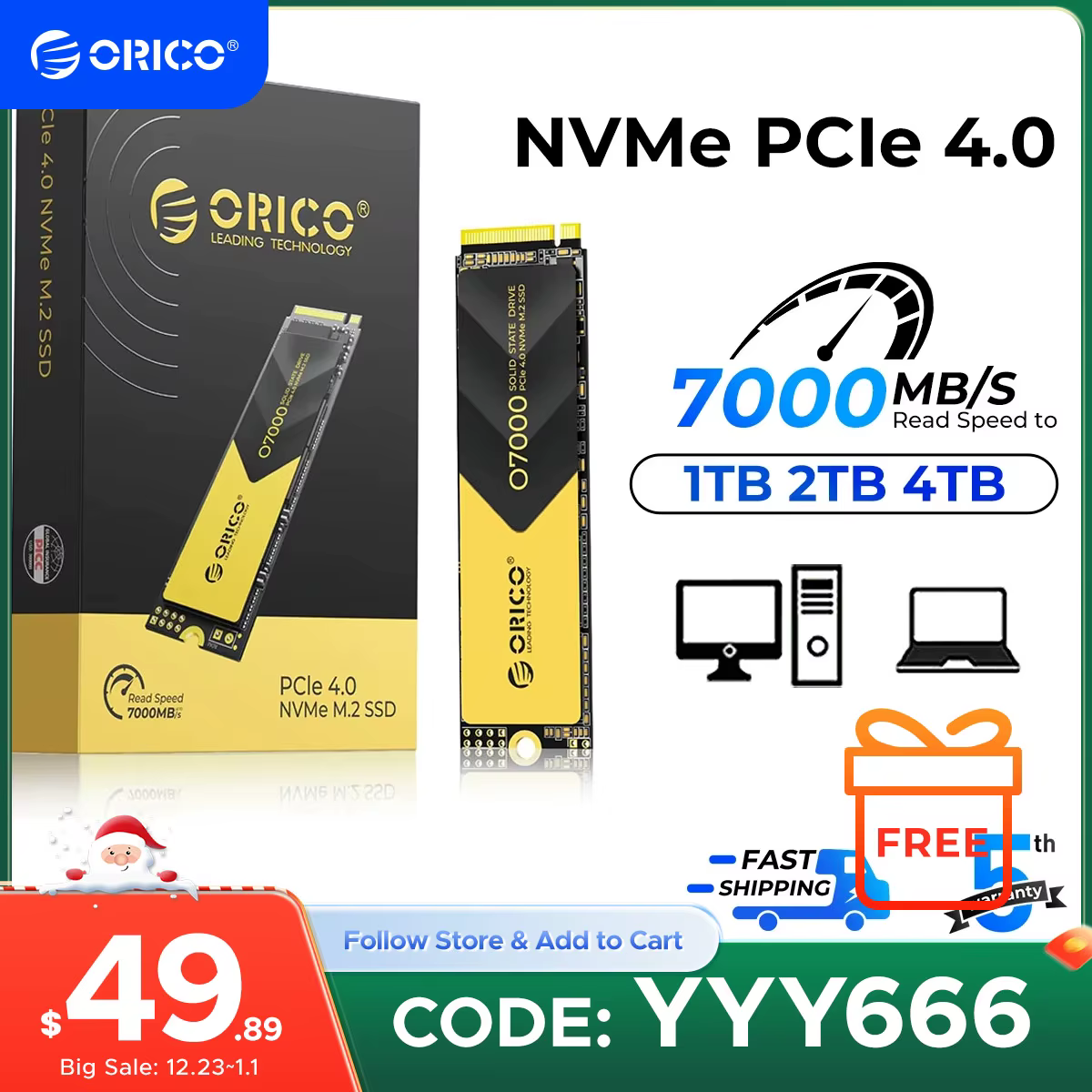 ORICO PCIe4.0 M.2 NVMe SSD PS5 Gaming 7000MB/S Internal Solid State Drive M Key 2280 SSD for Content Creators 1TB/2TB/4TB O7000