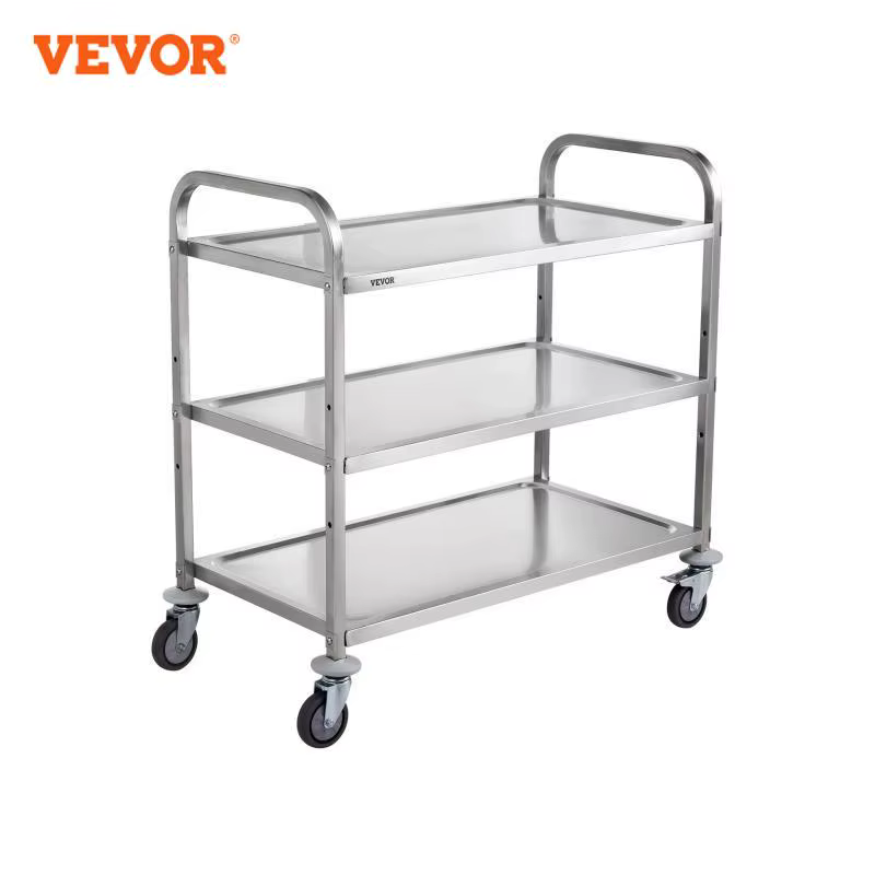 VEVOR 3 Tiers Wire Rolling 450LBS Capacity Steel Kitchen Cart with 80mm Basket Curved Handle PP Liner 6 Hooks Ideal for Indoor