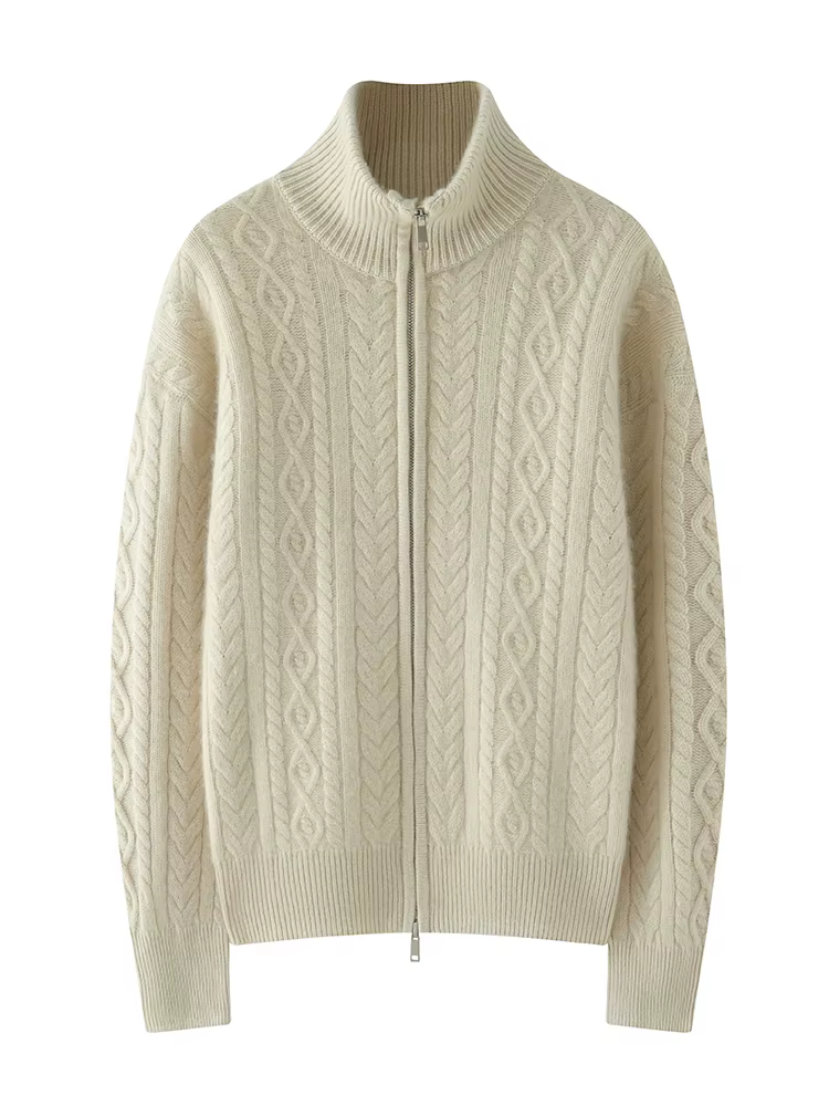 Women's 100% Cashmere Sweater Turtleneck Cable Knitting Cardigan Autumn Winter Thick Cashmere Knitwear Vintage Style Clothing