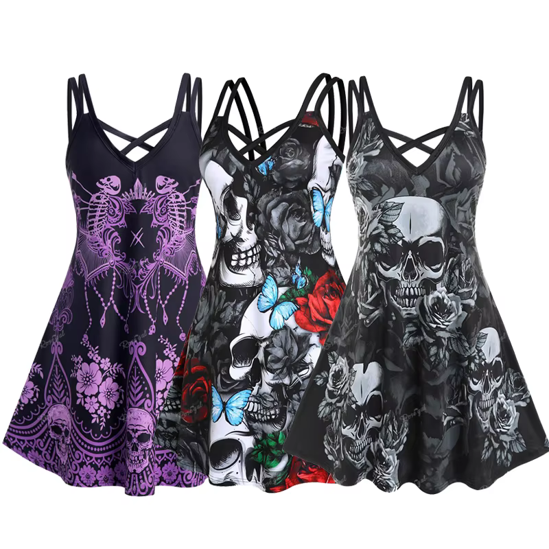 ROSEGAL Halloween 3D Printed Dresses Plus Size Crisscross Skull Print Dress Summer Casual Sleeveless Vestidos 5XL