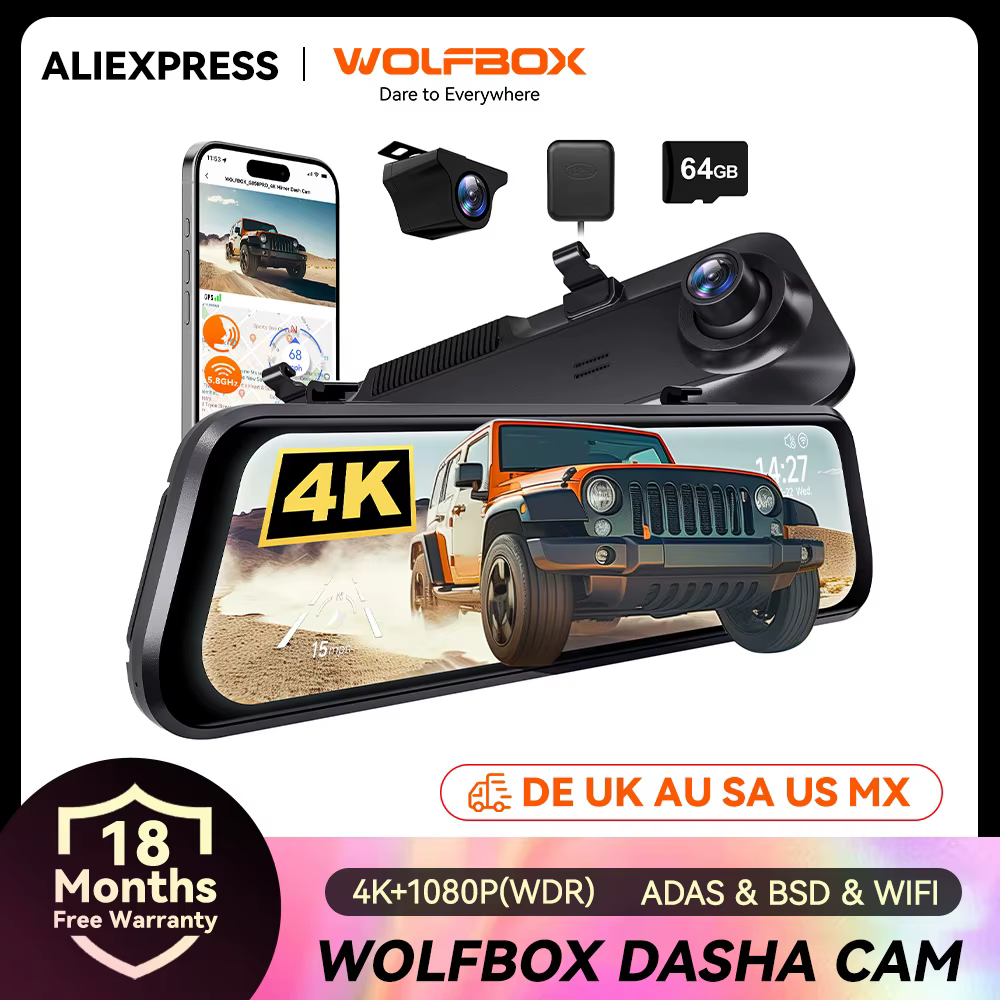 WOLFBOX G850 PRO 4K WIFI Mirror Dash Cam with ADAS and BSD 5.8GHz WiFi  Voice Control Car DVR  Rearview Mirror 12inch