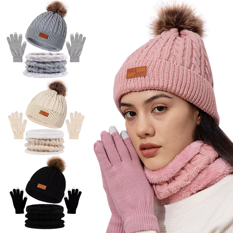 3Pcs/Set Women Winter Hat Scarf Gloves Faux Fur Ball Teenager Girls Knitted Beanie Neck Warmer Suit Warm Ears Woman Cap Set