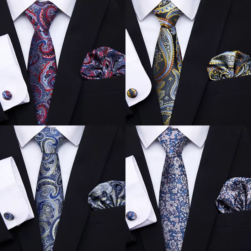 Jacquard Newest design Festive Present Tie Handkerchief Cufflink Set Necktie Man's Plaid Yellow Shirt Accessories