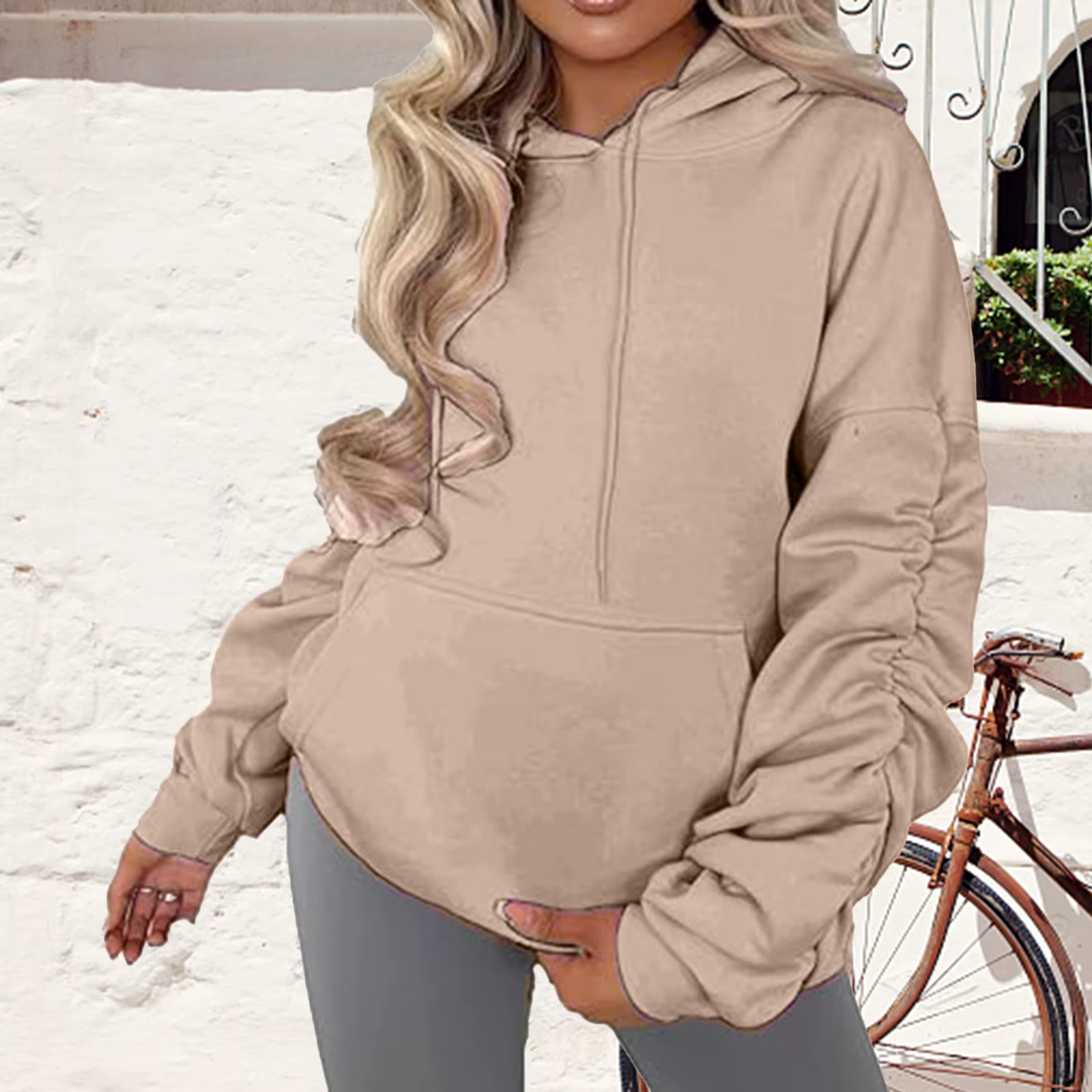 Oversized Hoodies Ruched Sleeve Hoodie Womens Plain Fleece Hooded Top Front Pockets Soft Warm Loose Fit Stretchy Pullover Shirt