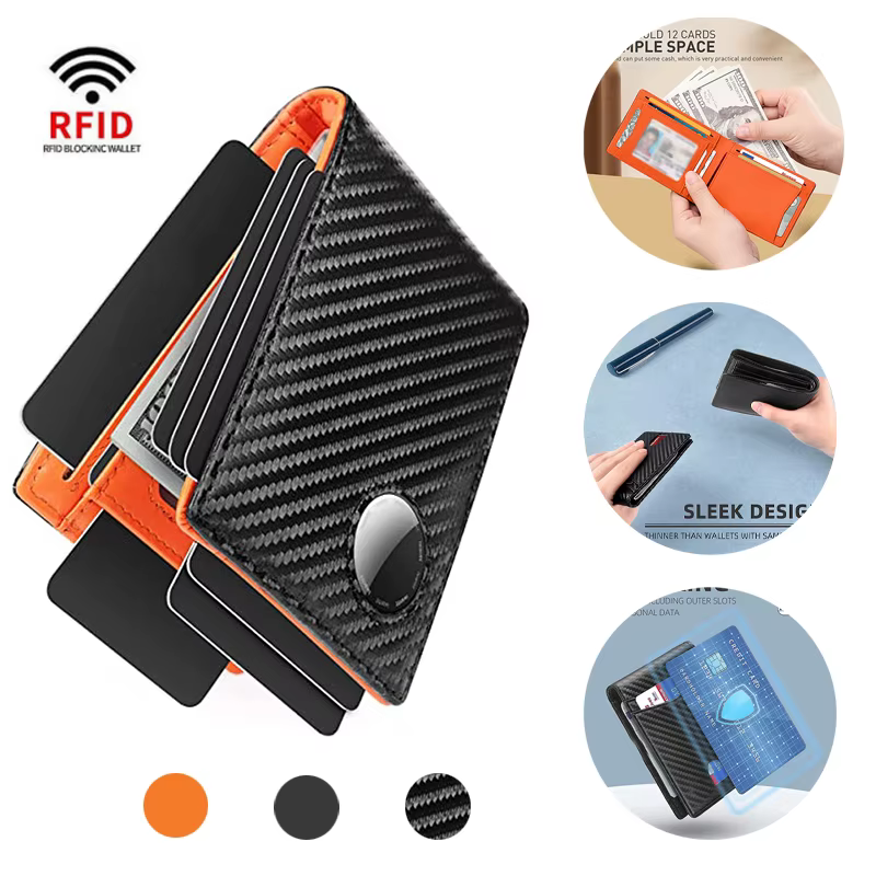 Rfid Airtag Wallets Carbon Fiber Leather Men Purse Credit Card Holder for Air Tag Purse Black Luxury Minimalist Wallet for Men
