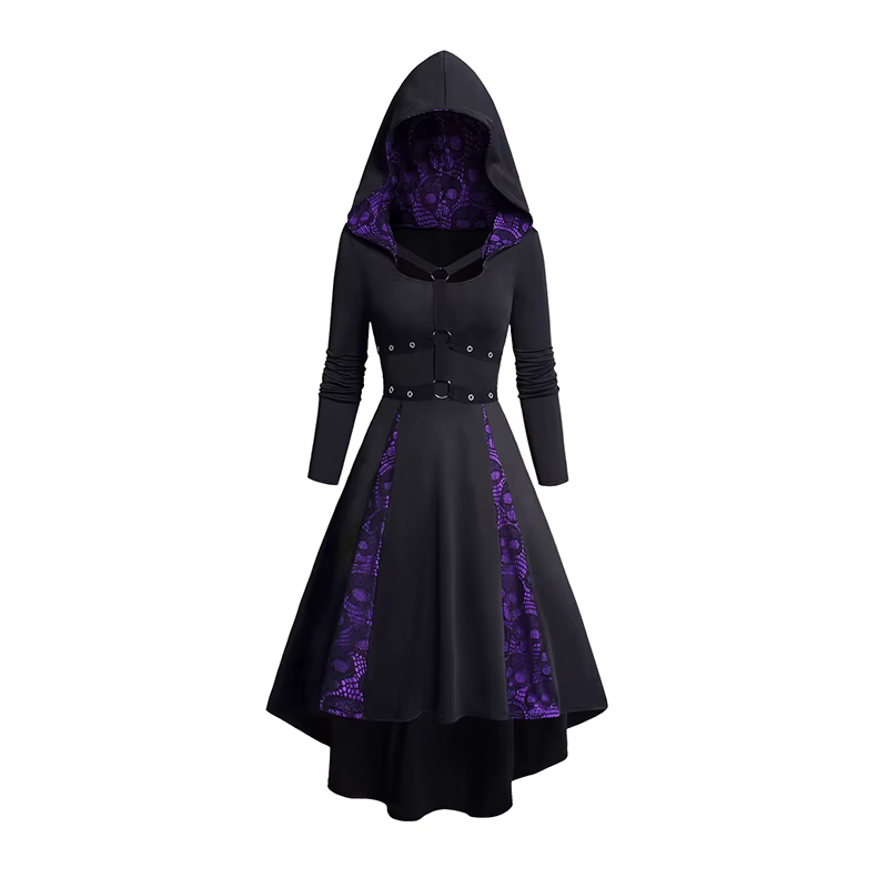 Women's Hoodie Dresses Halloween Skull Lace Patchwork O Ring Grommet Decor Hooded Dress Contrast Long Sleeve High Low Dress
