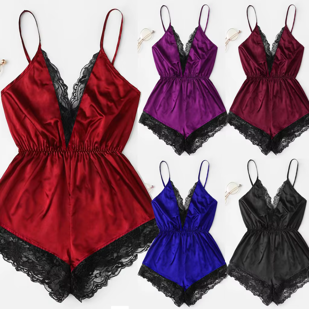 New V-neck sexy lace patchwork one-piece suspender sleeveless pajamas feminine suspender pajamas