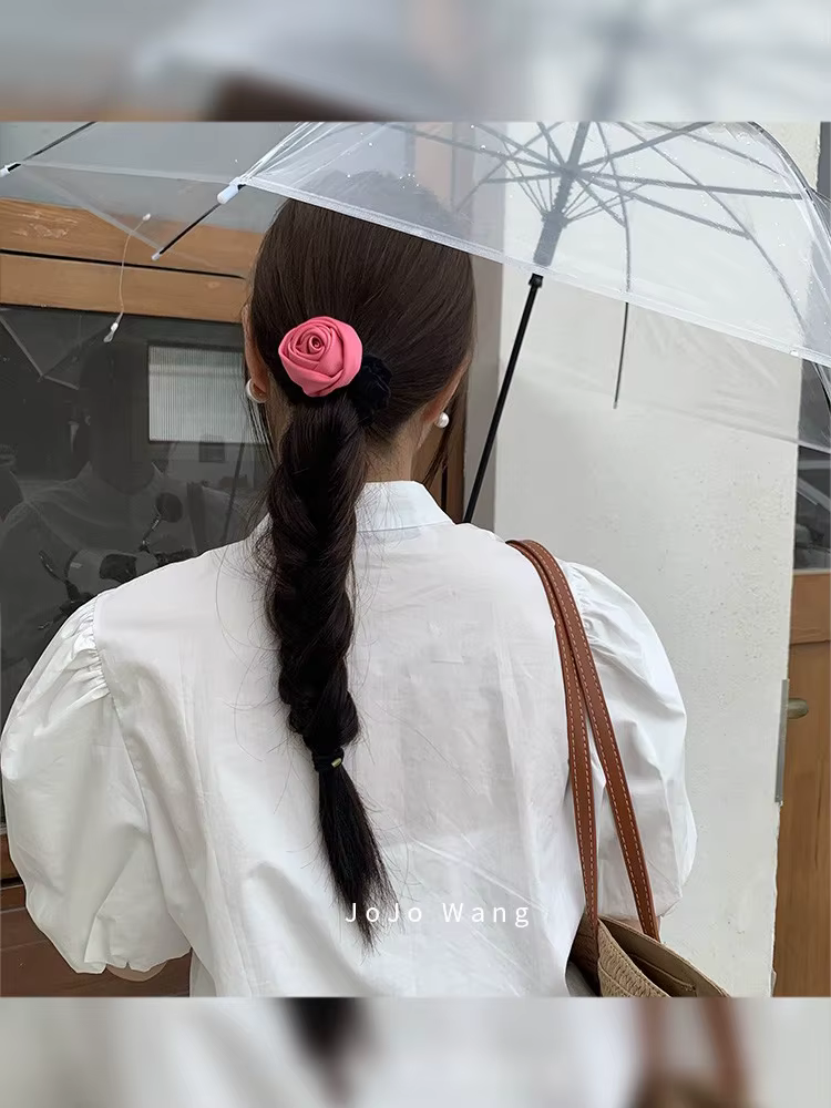 Korean Women Rose Elastic Hair Bands Hair Scrunchies Big Flower Satin Hair Rope Charms Horsetail Rubber Hair Accessories