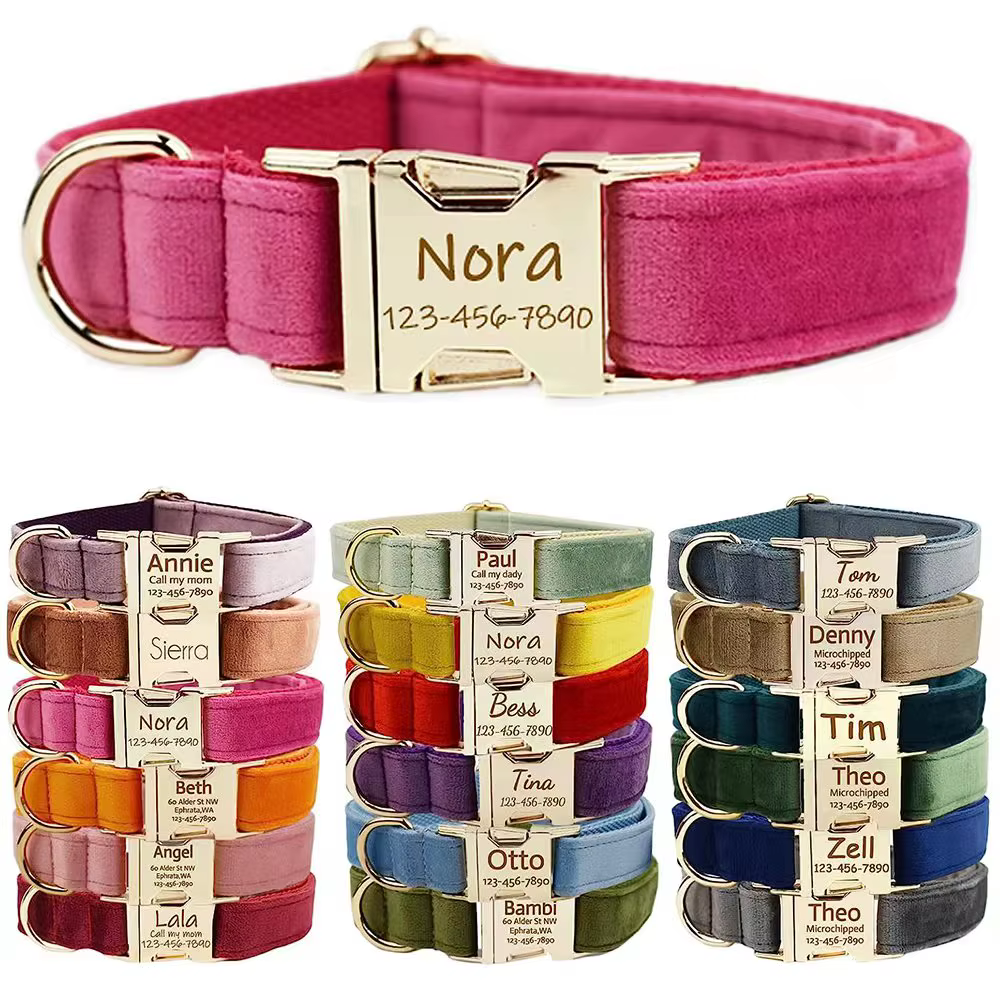 Personalized Dog Collar Velvet Puppy Adjustable Collar for Small Medium Big Dogs Collars with Name Customized ID Tag Engraving