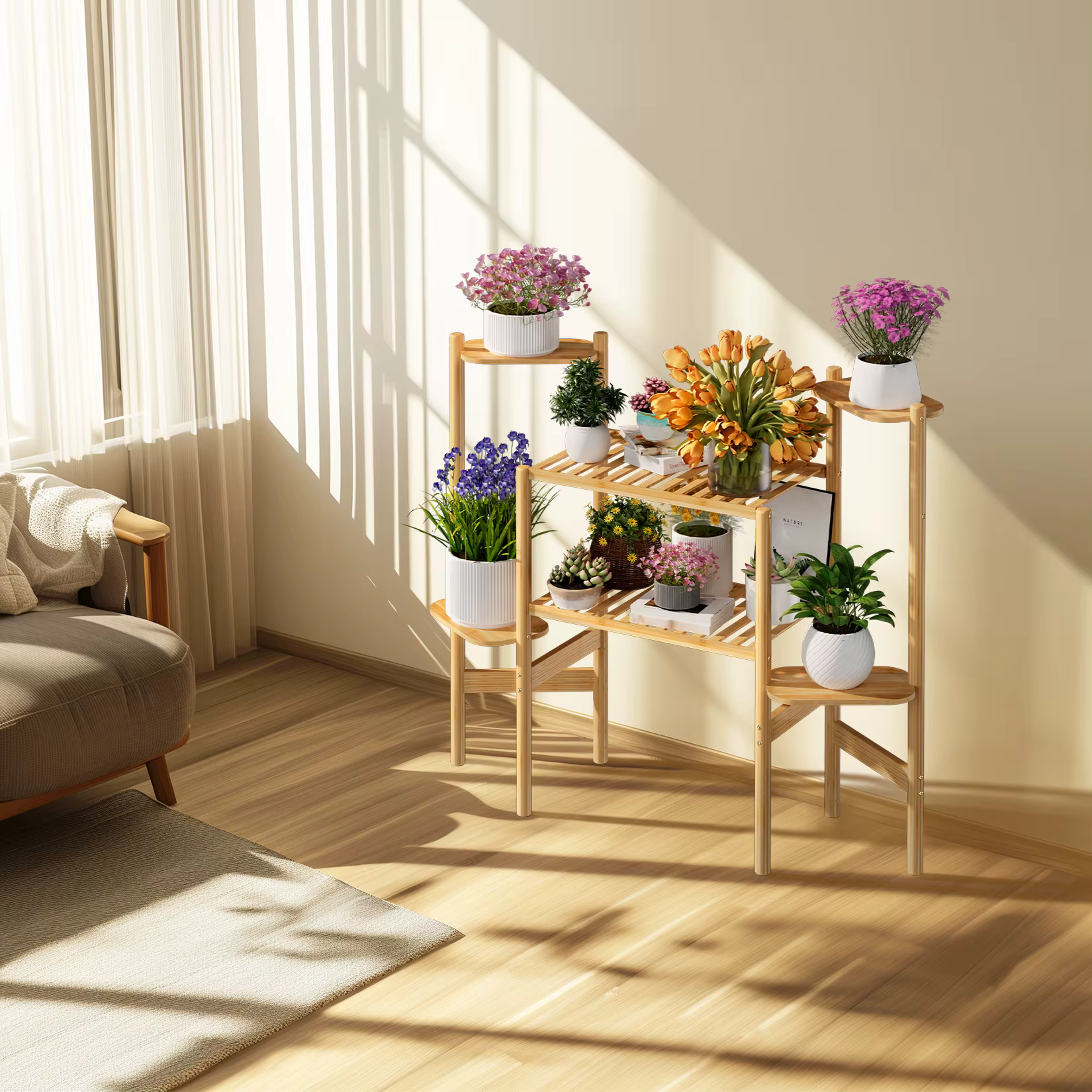 Wisfor Bamboo Plant Shelf Indoor 6 Tier Tall Corner Plant Shelves Holder & Plant Display Rack for Outdoor Garden Indoor Home