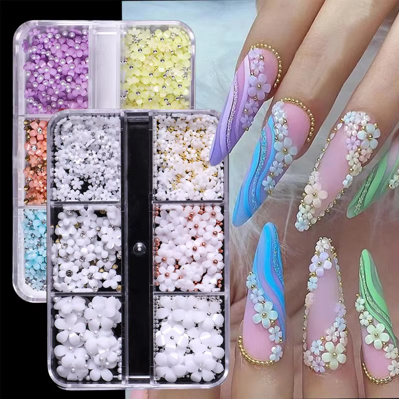 6 PCS color nail resin five-petal flower small steel ball mixed wearing nail decoration
