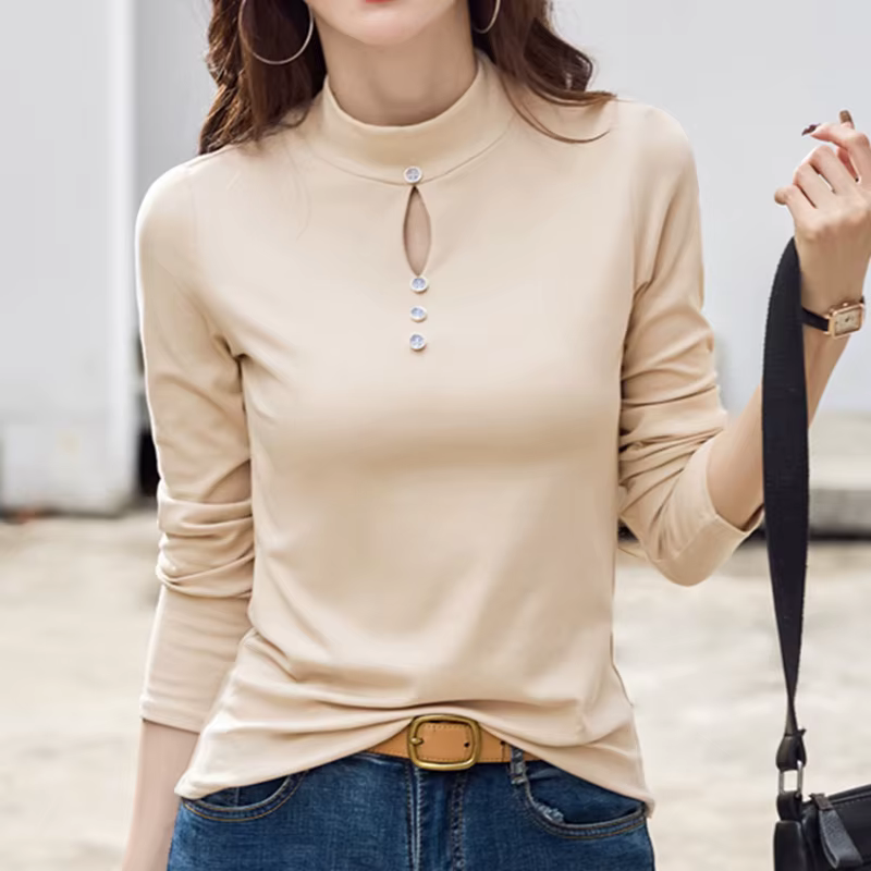 Women's Slim Fit Carpet Eener Fall Winter Punching Button-decorated Half Polar Long-sleeved T-shirt Casual Cody TS3047