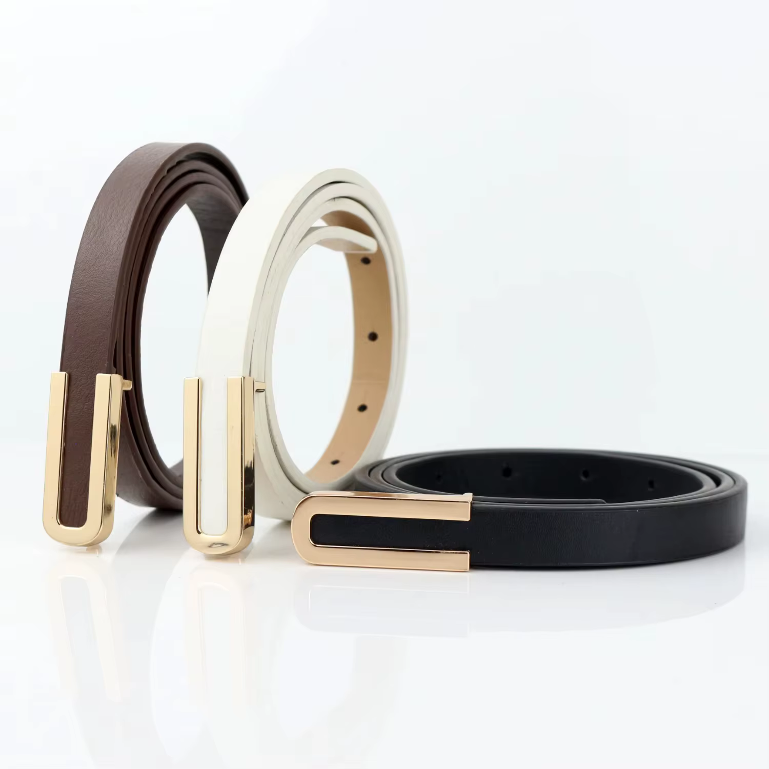 Black leather thin belt for women, stylish all-purpose, decorative dress, simple Korean style, set White