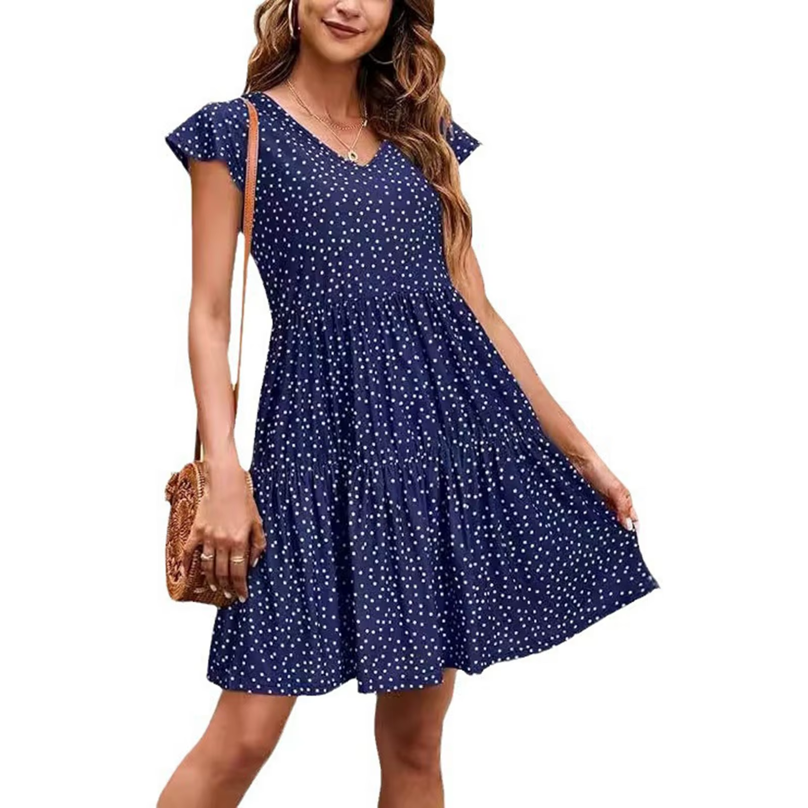 Vintage Elegance Mini Dress For Women 2024 Summer Short Sleeve V Neck Casual Beach Dresses Polka Dot Flower Print A-Line Vestido