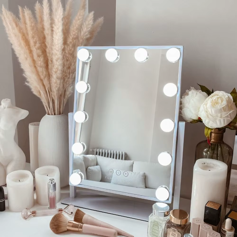 Flamingueo Mirror with 12 Led Light Makeup Mirror Touch Control Vanity Mirror Cute Makeup Mirror with Light 3 Modes Led Mirror for Bedroom Makeup Light Cute Mirror Medium Size Mirror