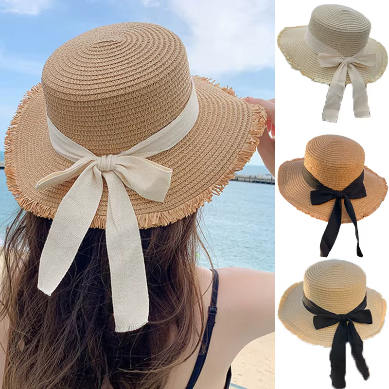 Women Fashion Straw Hat with Bow Ribbon Summer Anti-UV Sunshade Visors Seaside Vacation Beach Cap Flat Top Streamer Bows Sun Hat