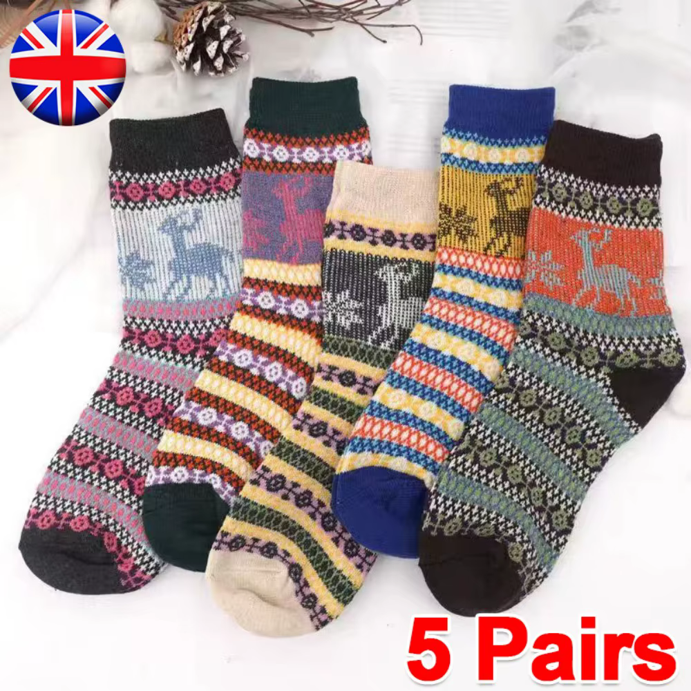 5Pair Women Thick Sock Wool Thermal Warm Knitting Nordic Lady Sock Winter X'Mas