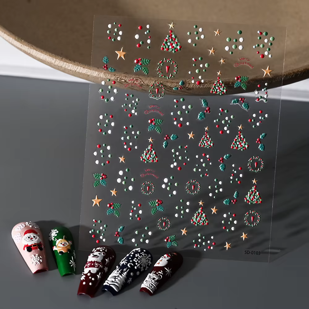 1pc Christmas Nail Art Stickers 5D Winter Holiday Themed Nail Decor Santa/Snowflakes/Christmas Trees/Gingerbread Nail Supplies *