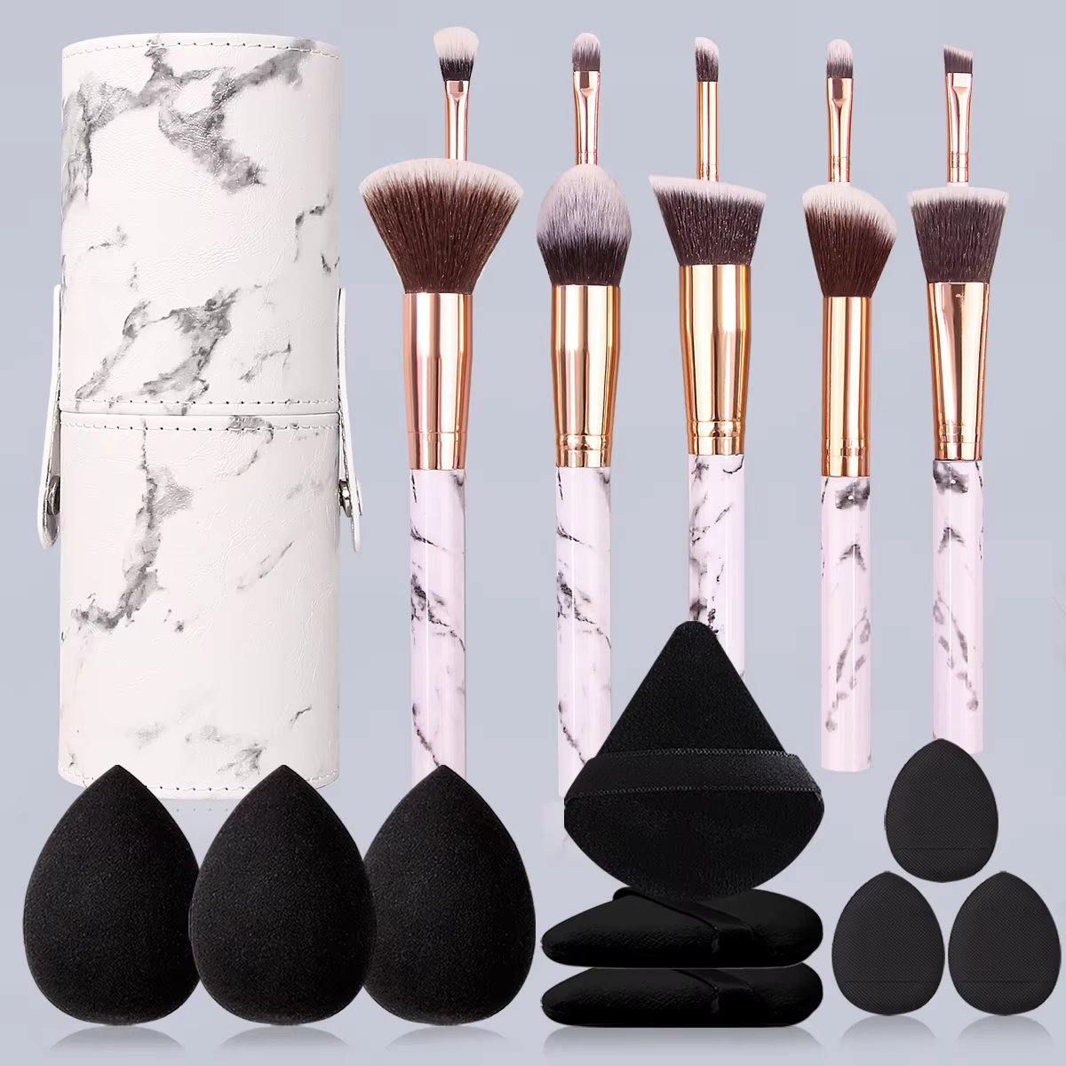 20PCS 10 marble brush set +9pcs sponge set makeup egg, triangle powder puff, thumb powder puff +1pcs storage bucket