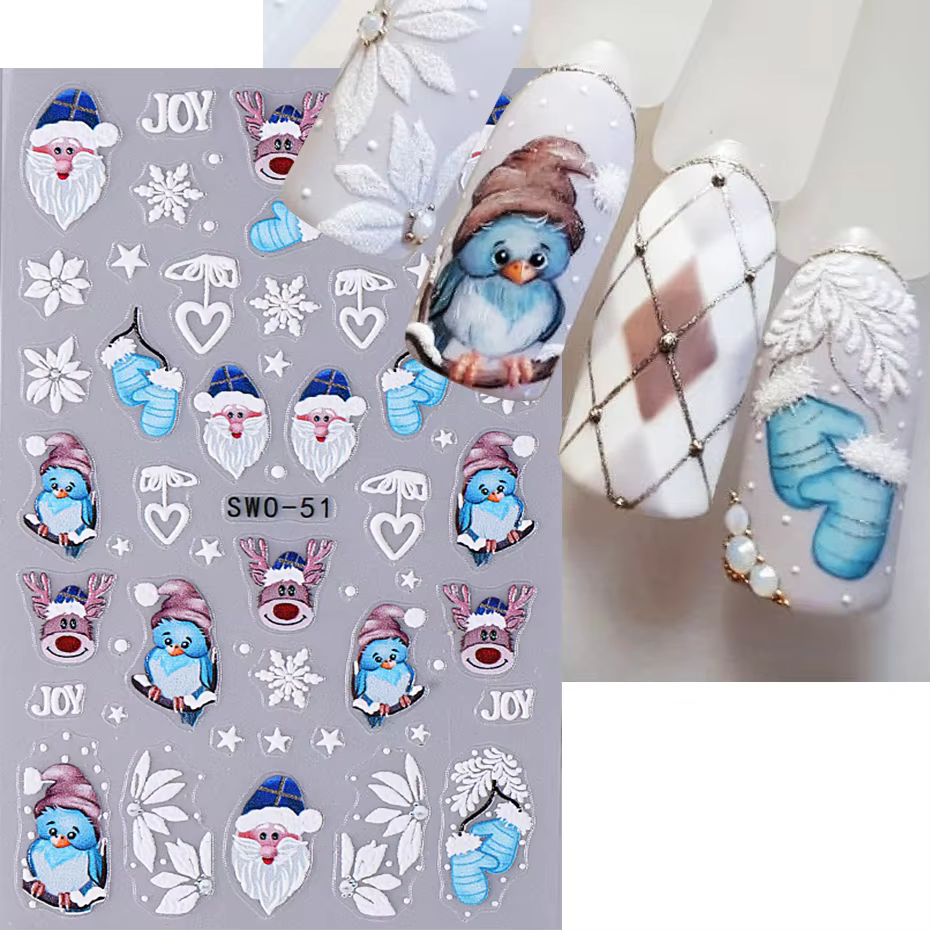 Christmas Cartoon Nail Stickers Winter Santa Claus Elk Self Adhesive Sliders Nail Art Decals Snowflakes Bluebird Manicure Decor