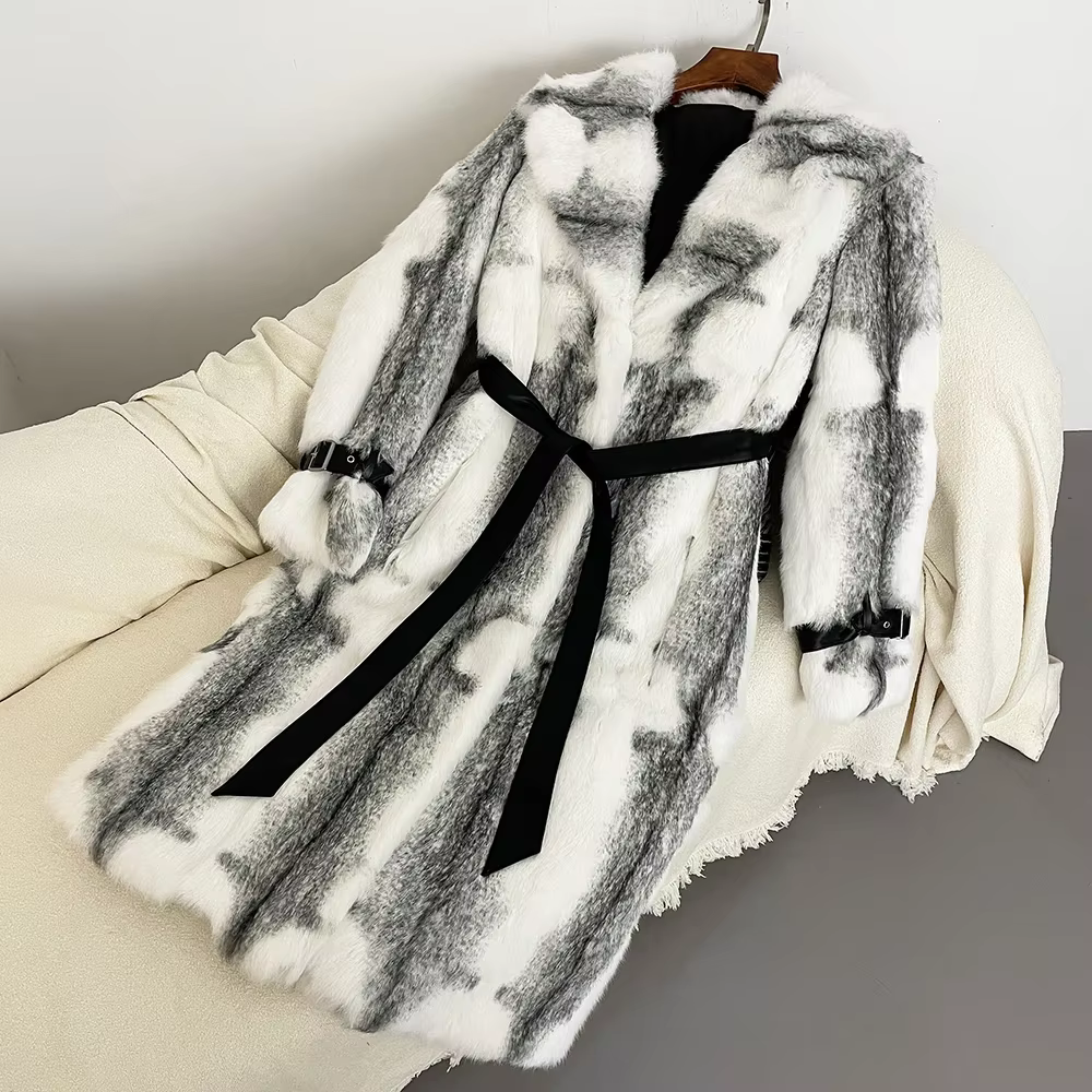 Rabbit Fur Coat Autumn Winter Over Knee Whole Leather Imported Women Fashion Leopard Print Coat Thickened Warm Fur Integrated