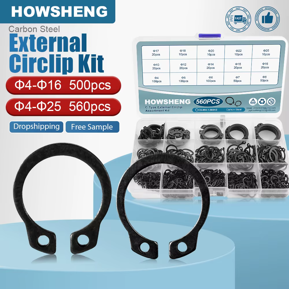 500pcs/560pcs C Type External Circlip Clip Snap Ring Assortment Kit Carbon Steel 4-25mm Retaining Clip Set for Shaft Bearing