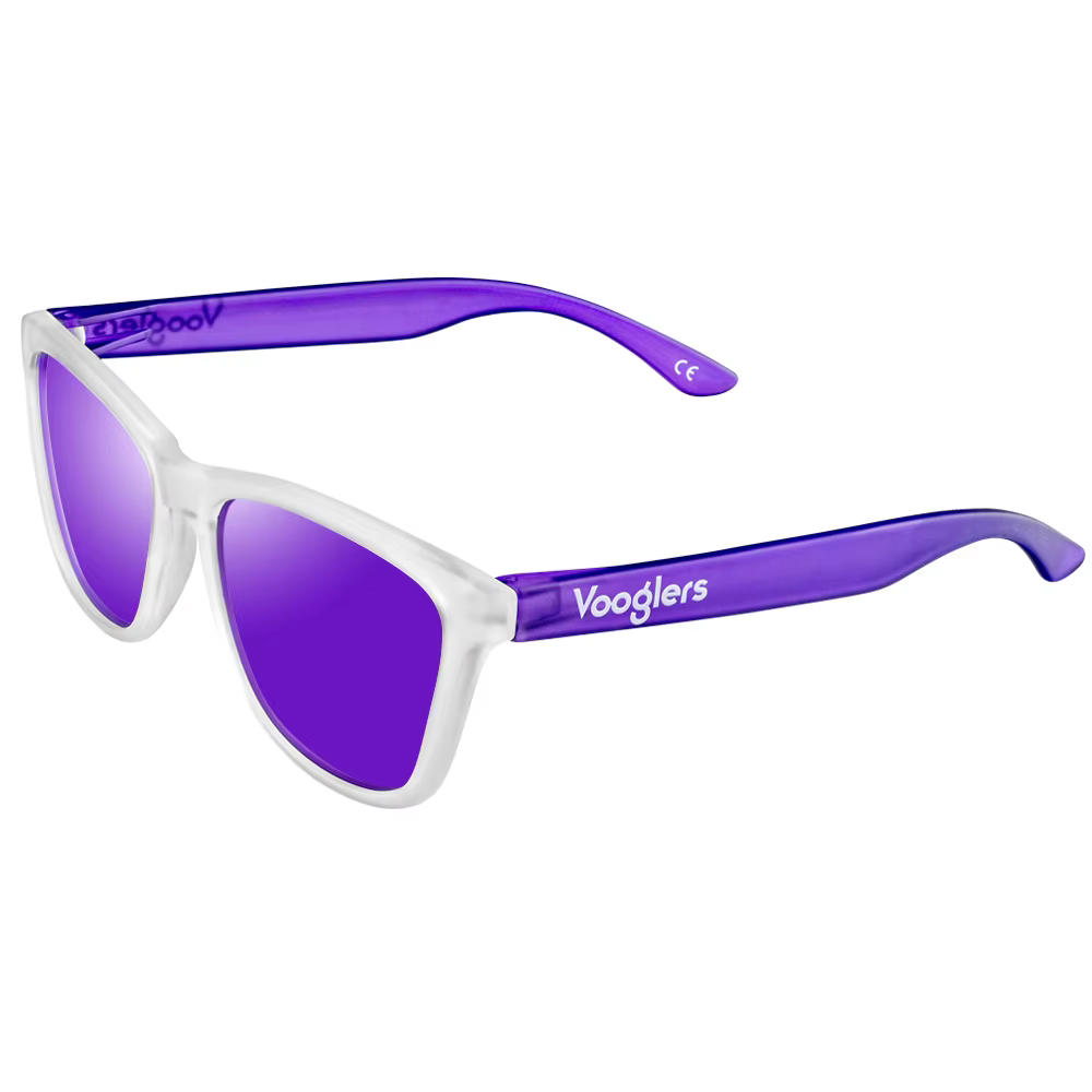 VOOGLERS - POLARIZED UNIQUE Santorini Sunset glasses for men and women Unisex | Sun | POLARIZED | UV400 | Fashion/Summer 2024 | Purple mirror lens lens | Purple frame/matte transparent