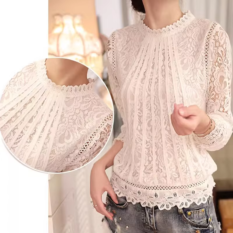 Sweet White Lace Blouse Spring Lace Blouses Casual Long Sleeved Round Neck Shirt Exquisite Embroidered Chiffon Top 51C