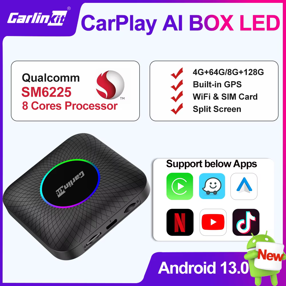 NEW CarlinKit CarPlay AI Box LED Android 13 Streaming Box Built-in YouTube Netflix Wireless CarPlay Android Auto Smart TV Box