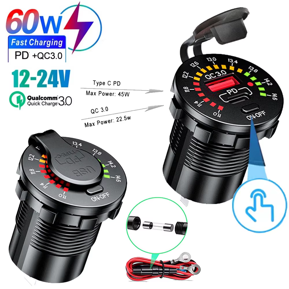 12V/24V QC 3.0 Charger with LED Voltmeter ON OFF Switch Car Charger Waterproof 45W Type C PD Outlet Fast Charger for Motorcycle