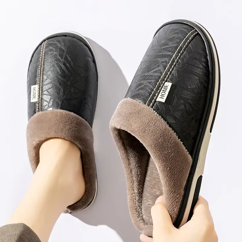 YRZL Winter Casual Men's Slippers Big Size Indoor Waterproof PU Leather Home Shoes Fur Flat Warm Fashion Bedroom Houseshoes