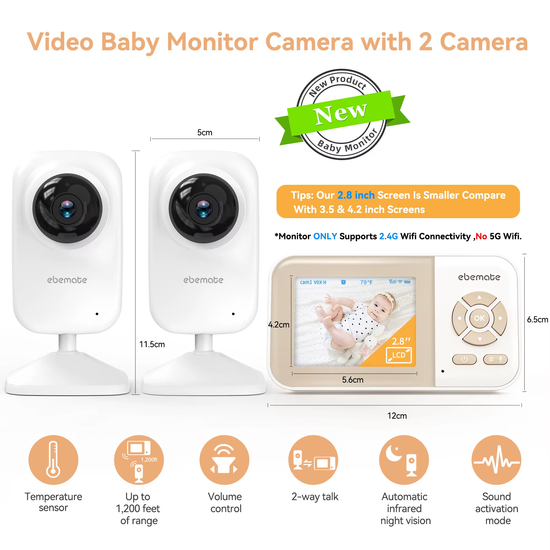 ebemate wifi Video Baby Monitor with 2 Cameras 2.8 inches LCD Screen baby monitor with night vision,2-Way Talk Audio Camera bebe