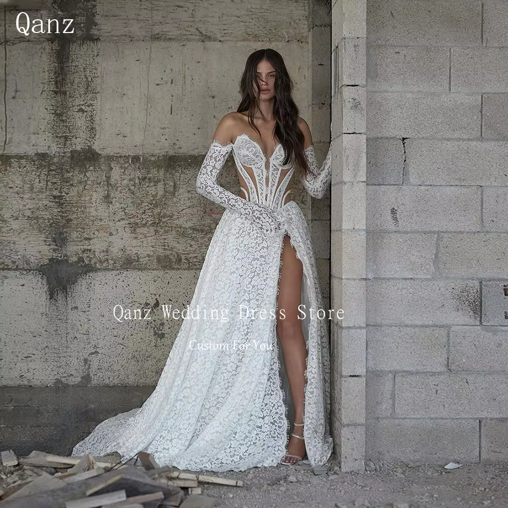 Qanz Beach Wedding Dresses For Bride Women Long Sleeves Lace Appliques Boho Customized Slit Bridal Gown Vestidos De Novia