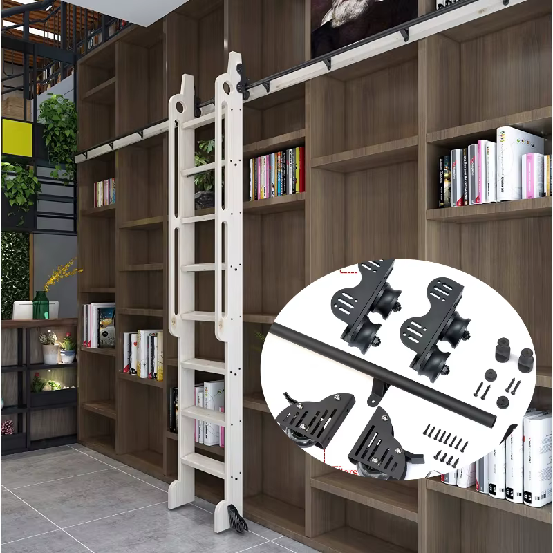 6.6FT(200cm)  Retractable Sliding Library  Hardware Kit No Ladder，Round Tube Rolling Ladder Track， Floor Roller with Brake