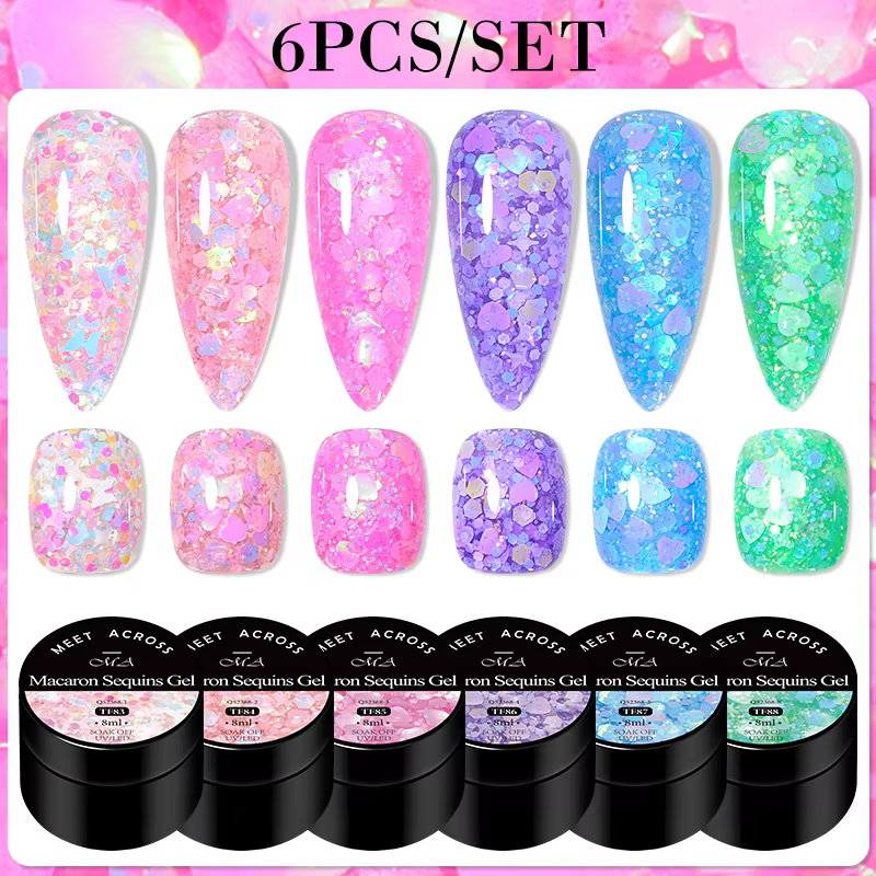 MEET ACROSS 6Pcs/Set 8ml Macaron Glitter Sequins Nail Gel Polish Heart diamond Shaped Nart Art UV Gel Varnish For Manicure