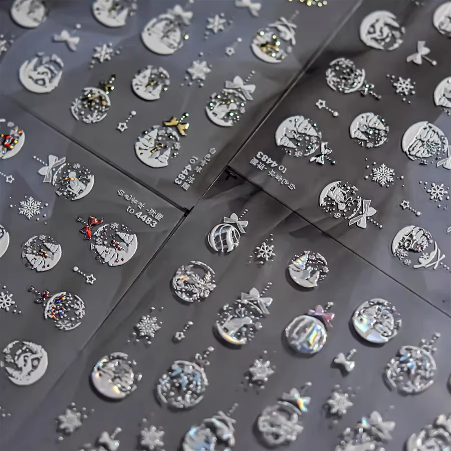 White Snowball Snowflake Snowman Christmas Tree Chic Bow Snowflake Crystal Ball  Bell Stars Nail Art Stickers Manicure Decals