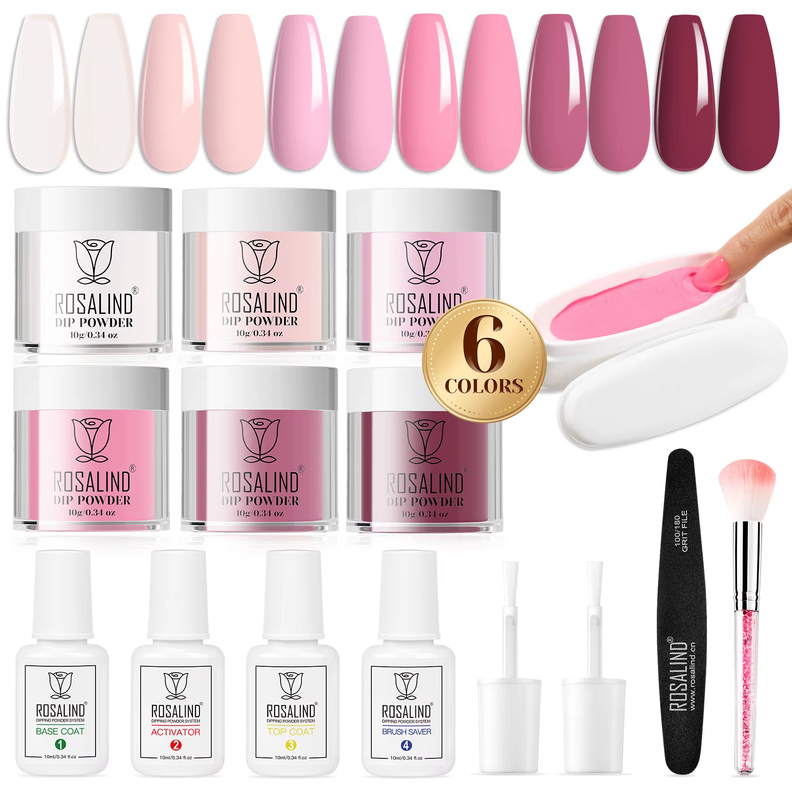 ROSALIND 13PCS Dip Nails Powder Starter Kit,6 Colors Dip Powder Nail Clear Nude Pink Series Dip Powder Colors Set with Base&Top